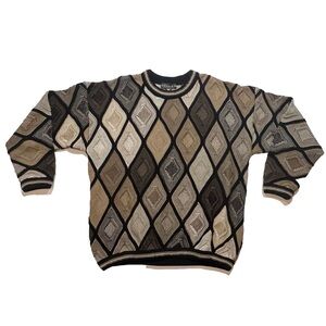 Vintage Men's 90s Tundra Canada Coogi Style 3D Knit Sweater Brown Black Sz XL